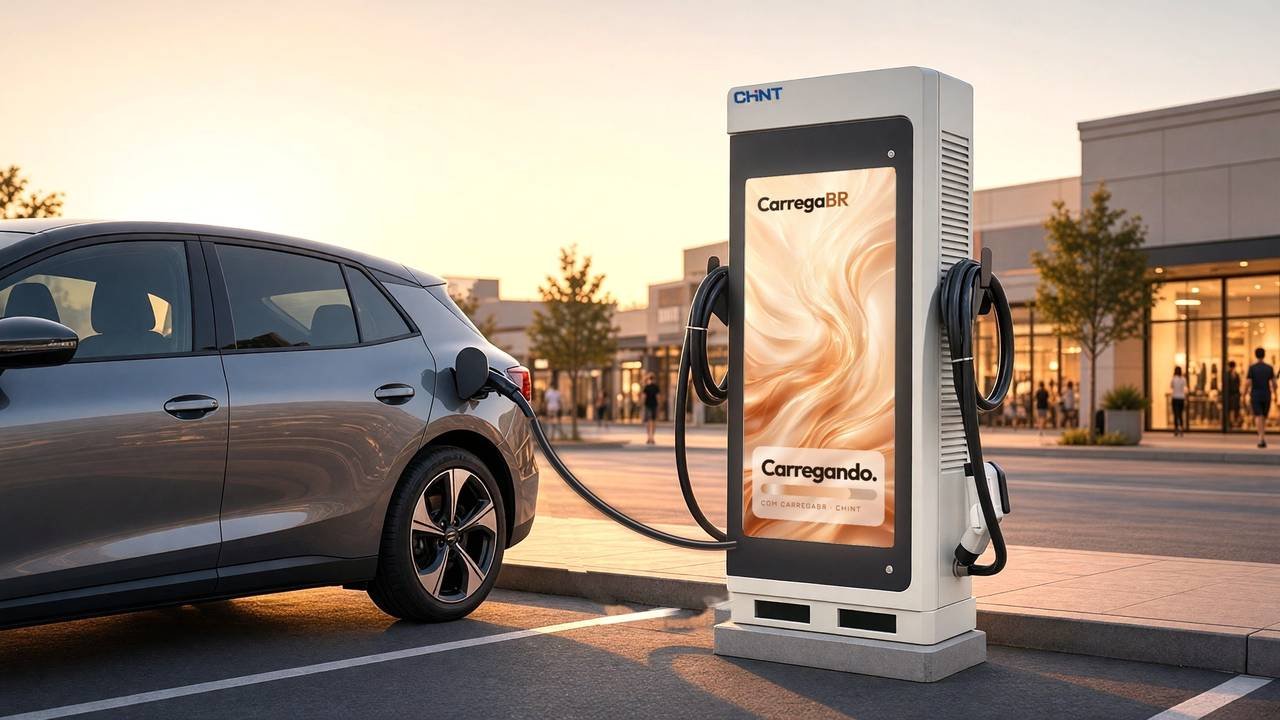 Estação de recarga CHINT AD Ultra no estacionamento de um shopping ao entardecer, com a tela de mídia acesa e um carro elétrico carregando ao lado, o cabo no ar até a tomada