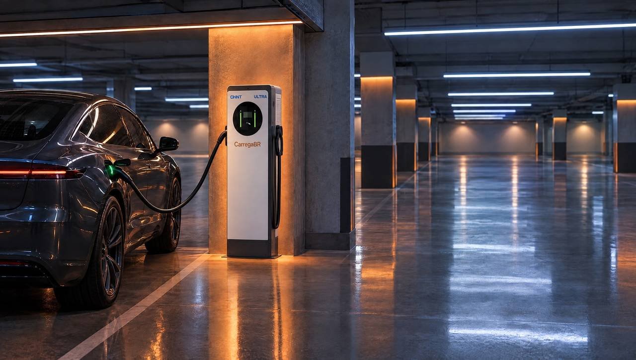 Estação de recarga rápida CHINT de frente branca junto a um pilar iluminado na garagem de um shopping, carregando um carro elétrico