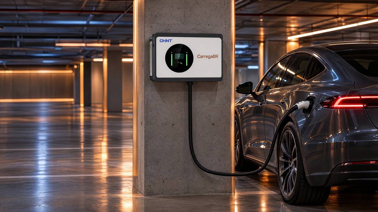 Estação de recarga DC CHINT de parede num pilar de garagem subterrânea, carregando um sedã elétrico