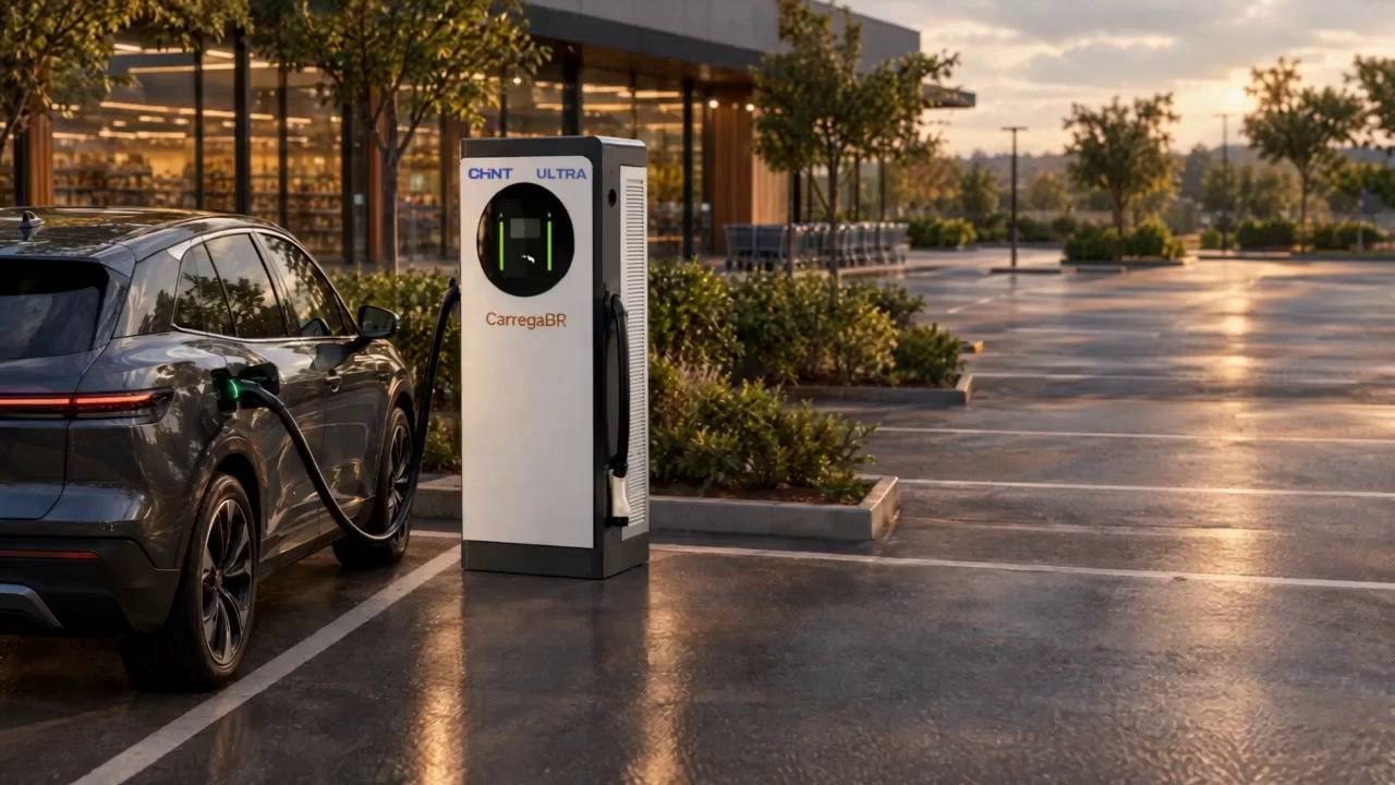 Estação de recarga CHINT da CarregaBR, de frente branca, carregando um carro elétrico no estacionamento de um supermercado ao entardecer