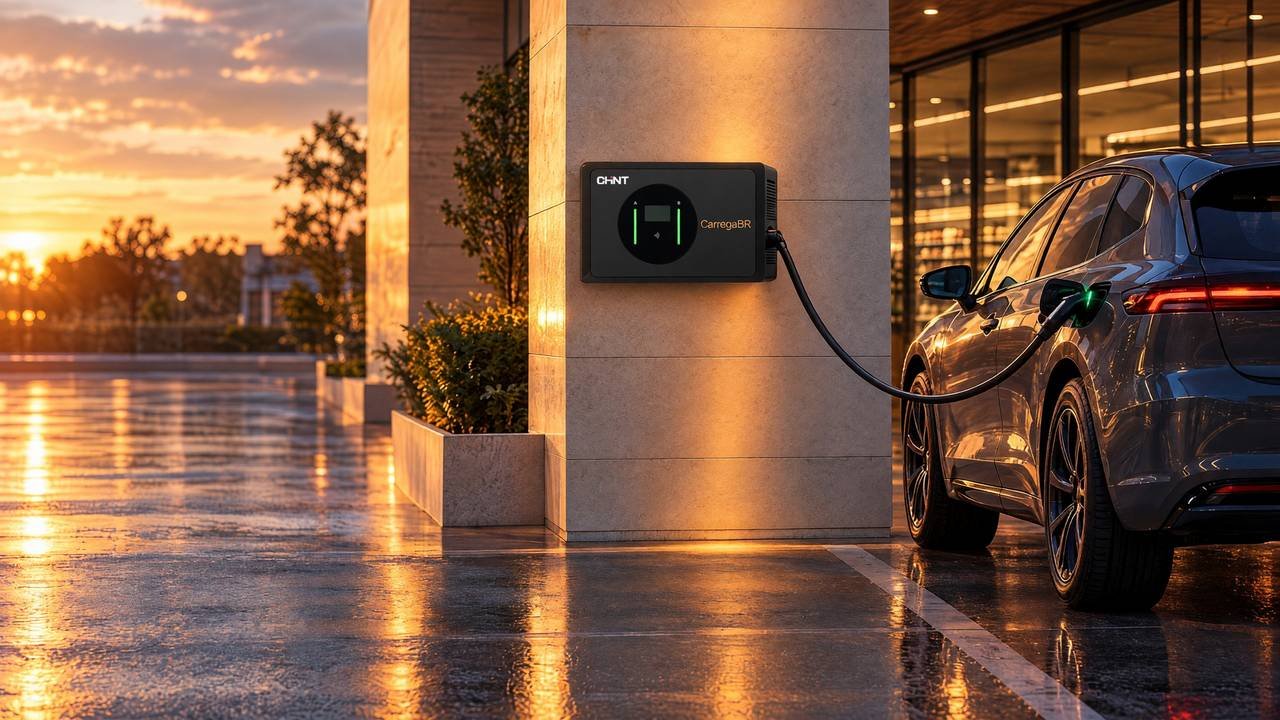 Estação DC Lite de parede, de gabinete preto com janela redonda e barras verdes, na coluna de pedra de um supermercado ao fim da tarde, com o cabo ligado à tomada de um carro elétrico