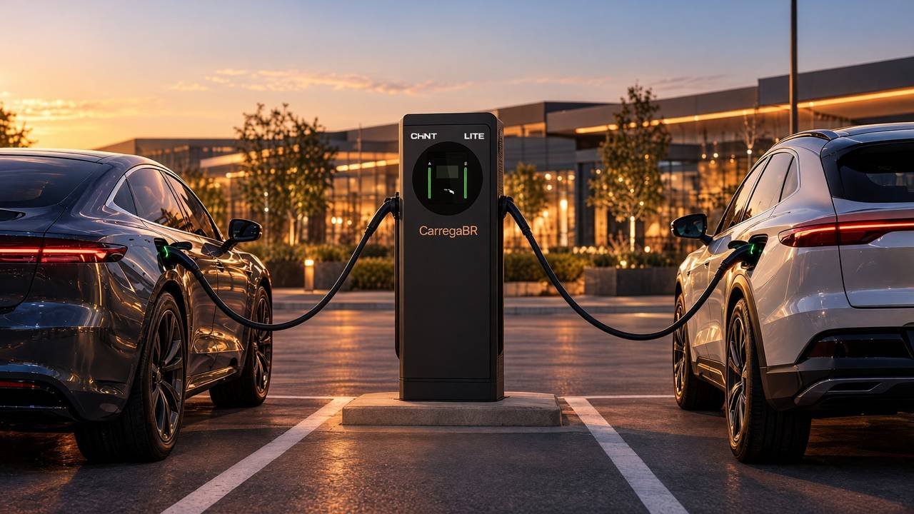 Estação DC Lite de piso, de gabinete preto, entre duas vagas do estacionamento de um centro comercial ao entardecer, com um cabo ligado a cada um dos dois carros elétricos