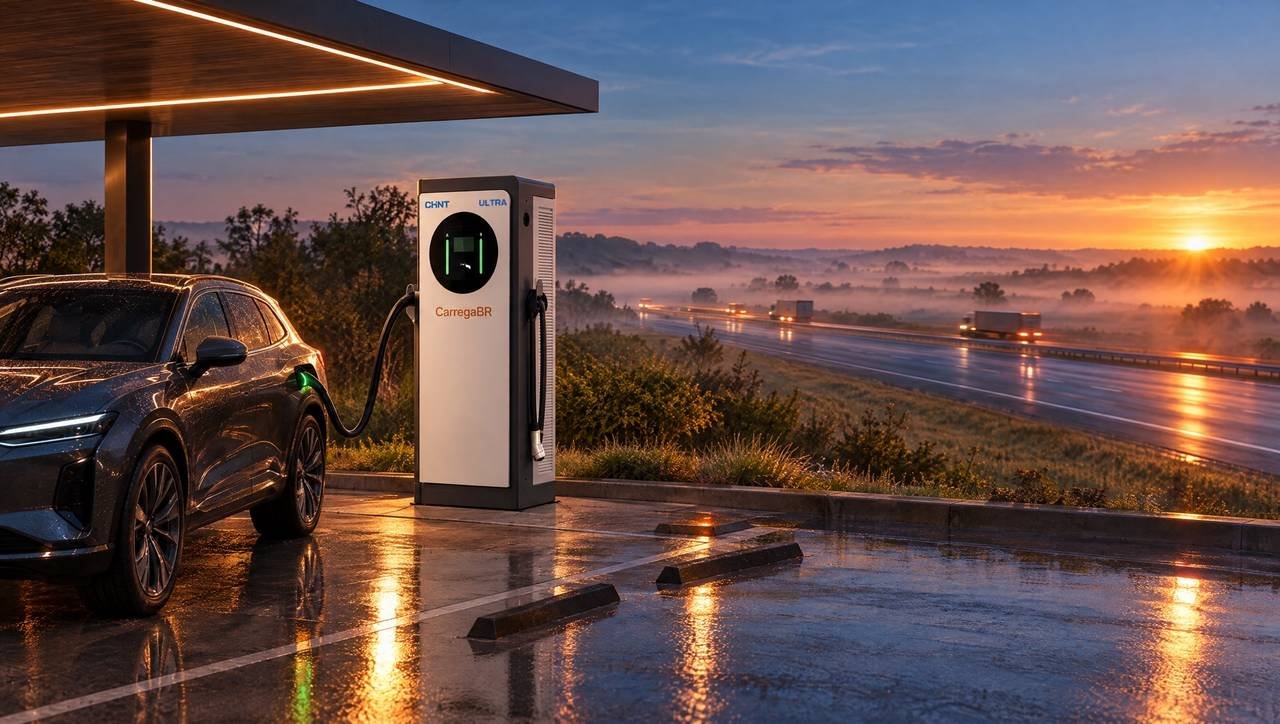 Estação DC Ultra de piso num ponto de parada de rodovia ao amanhecer, carregando um carro elétrico, com a estrada e a névoa ao fundo