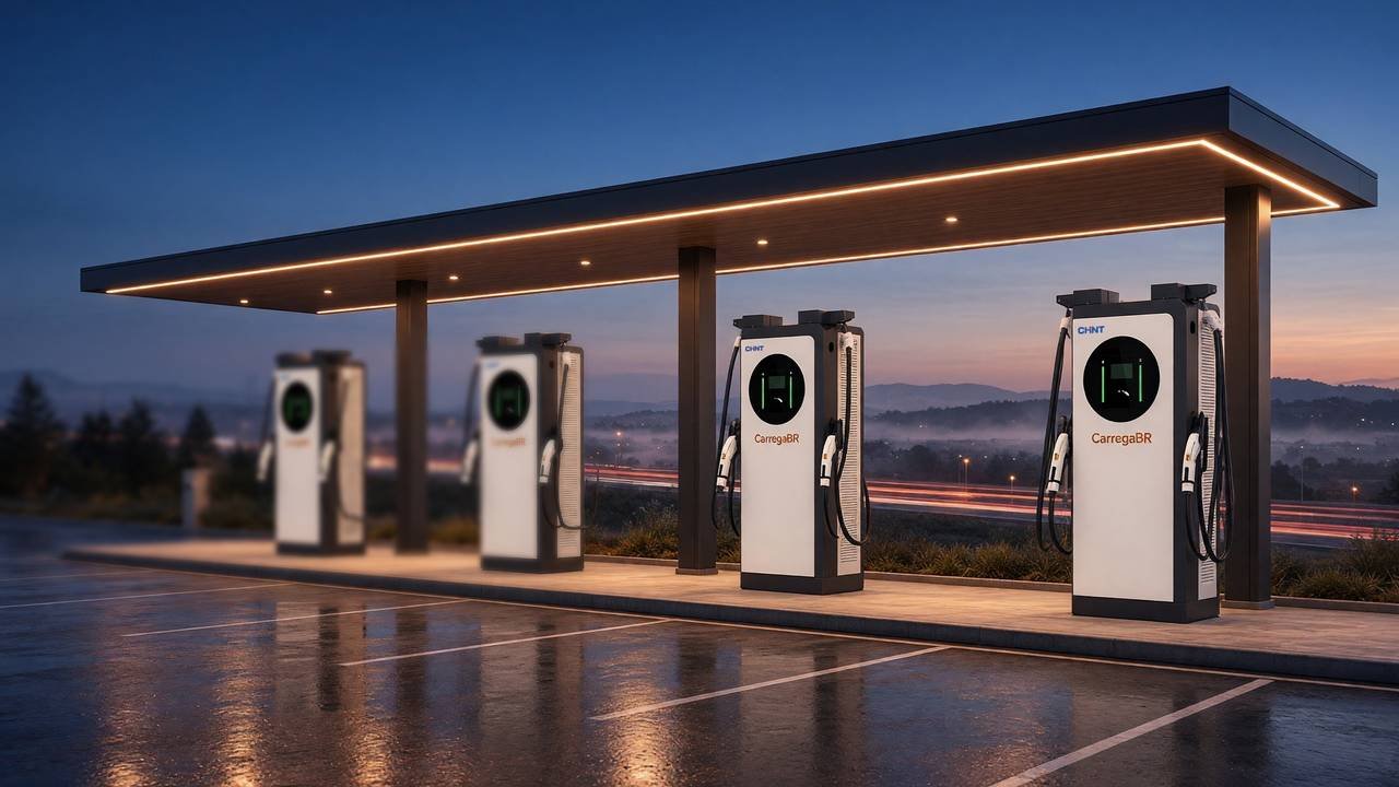 Praça de recarga à beira da rodovia, ao anoitecer: quatro estações DC Ultra de 150 a 360 kW, de frente branca e janela redonda preta, sob uma cobertura com luz cobre, com os cabos nos suportes
