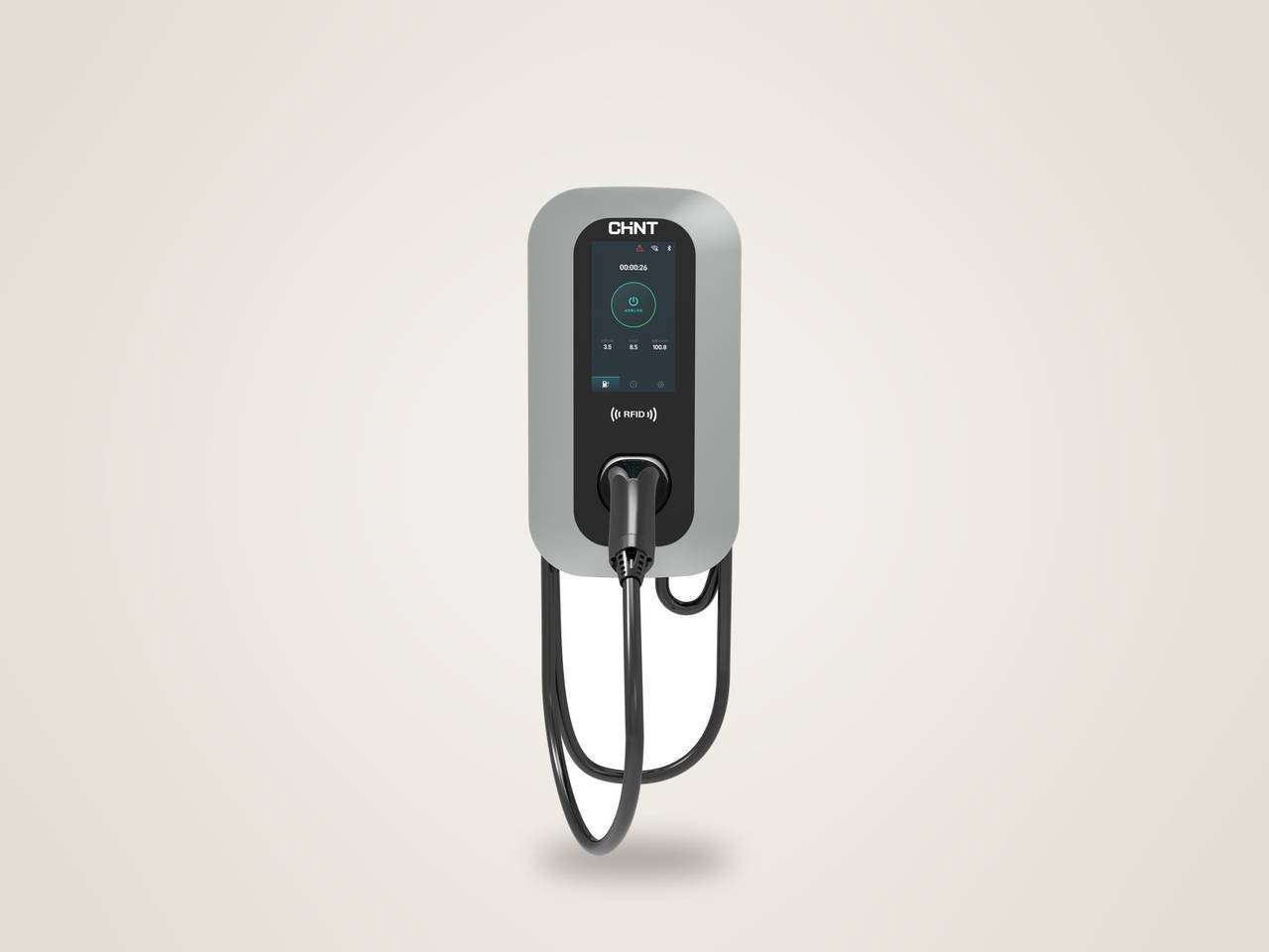 Wallbox AC CHINT com tela touch, leitor RFID e cabo com conector Tipo 2, em foto de estúdio