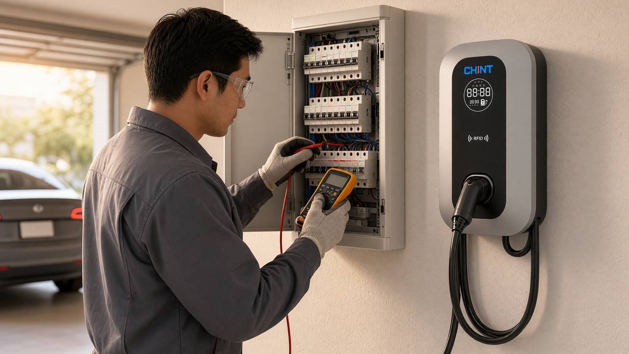 Eletricista com óculos e luvas mede um quadro de distribuição ao lado de um Wallbox AC CHINT recém-instalado