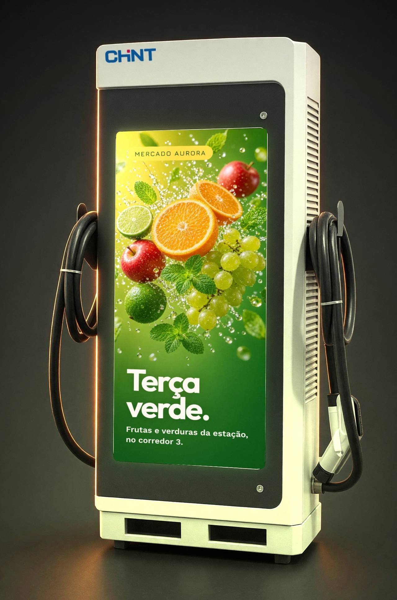 Estação de recarga DC AD Ultra CHINT em estúdio escuro: gabinete cinza claro, logo CHINT no alto, uma grande tela vertical na frente e um cabo enrolado em cada lateral