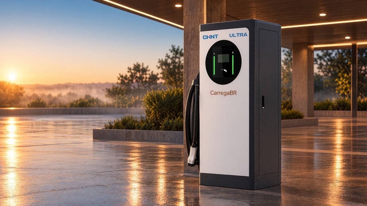A mesma estação CHINT de frente branca ao amanhecer, com a porta lateral fechada e as luzes verdes acesas, sob a cobertura, com névoa sobre as árvores