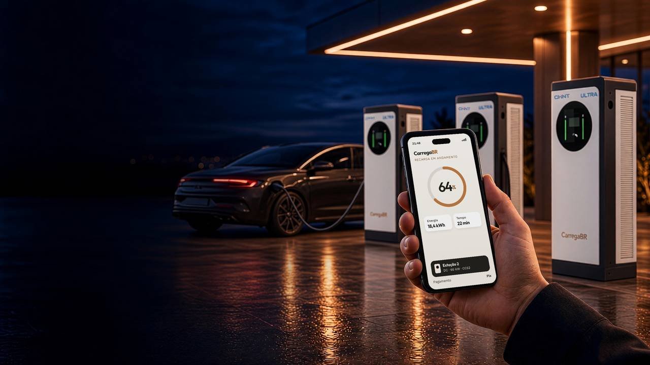 Mão segurando um celular com o app CarregaBR que mostra uma recarga em andamento, diante de três estações de recarga CHINT brancas à noite, uma delas carregando um carro