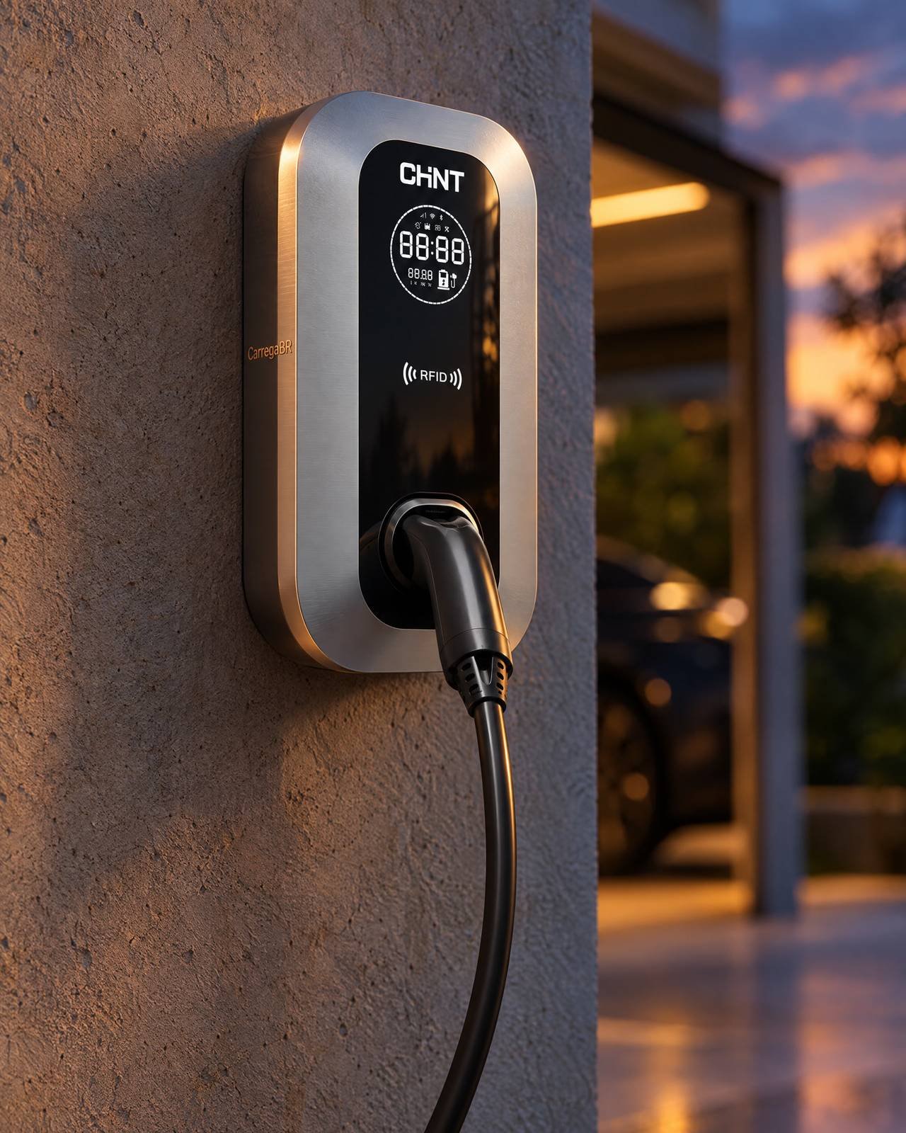Wallbox AC PRO com display redondo e leitor RFID na parede externa de uma casa ao entardecer